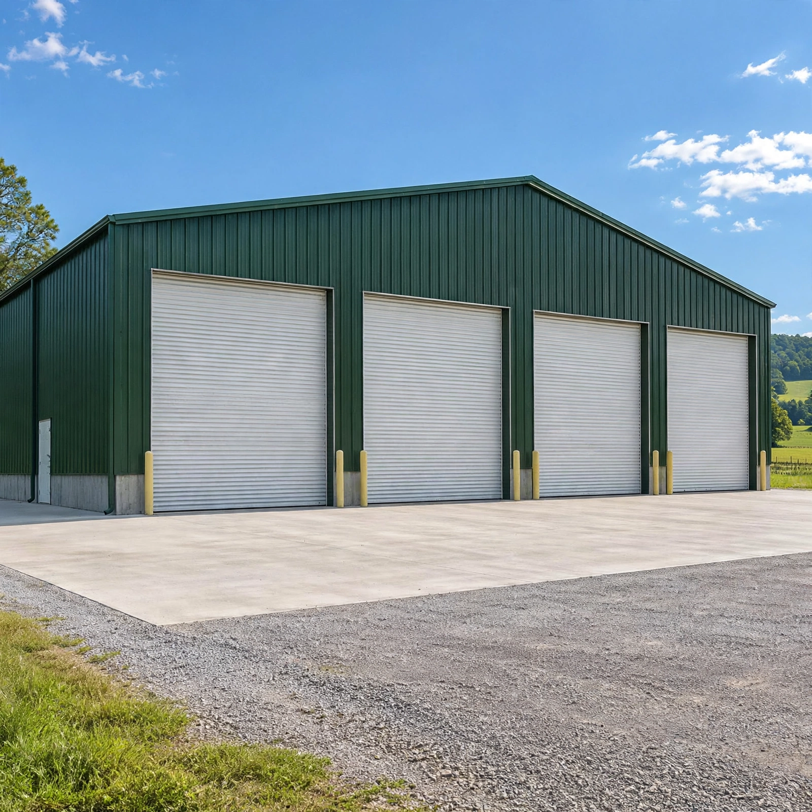 Four white commercial roll-up doors installed on a green metal building